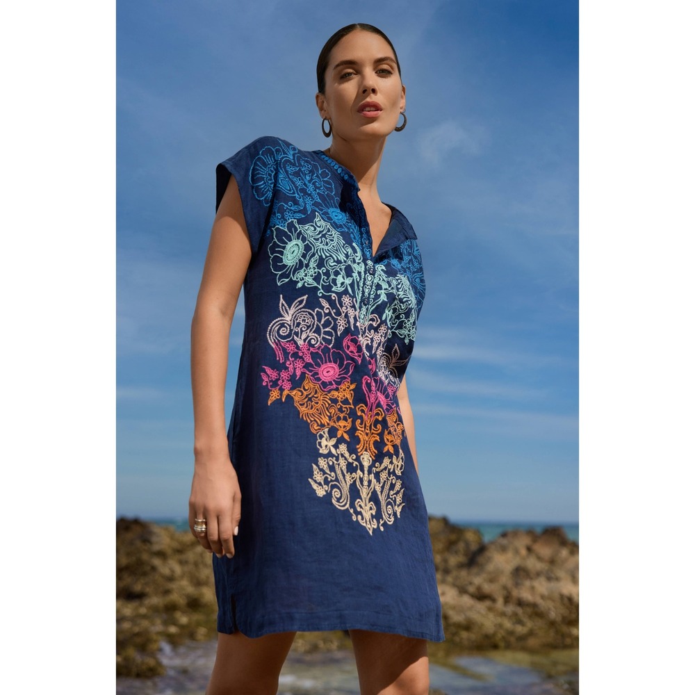 Johnny Was Biya Ellia Mishti Dress Blue Night Linen Floral Embroidered XS Tunic